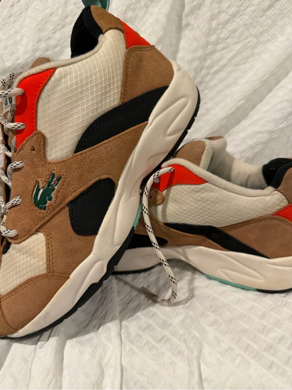Lacoste Men’s Tan Suede Sneakers with Cream and Orange Accents